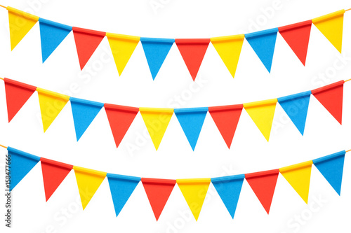 Colorful paper bunting party flags isolated on white background