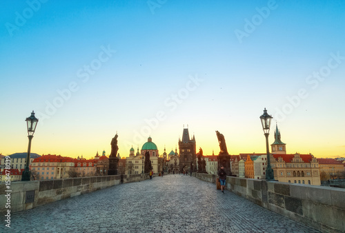 Charles bridge, sunrise scenery. Prague iconic travel destination, Czech Republic. 