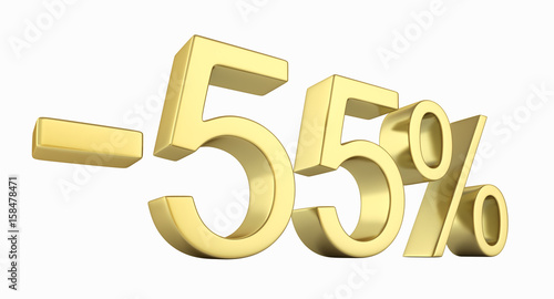 Gold text 55 percent off on white background without shadow 3D render