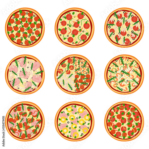 Set of appetizing pizzas, vector illustration
