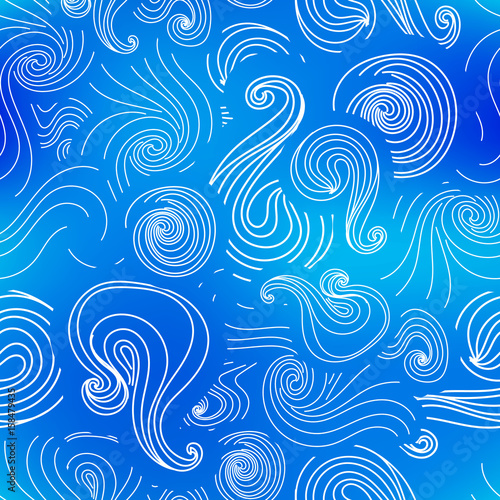 White swirls in blue, sea seamless pattern