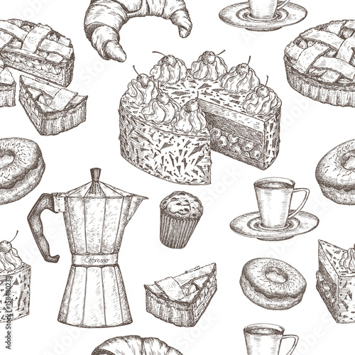 Hand drawn coffee and dessert seamless pattern