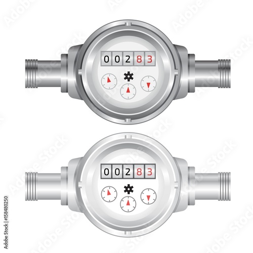 Realistic analog water meter vector illustration. Sanitary equipment
