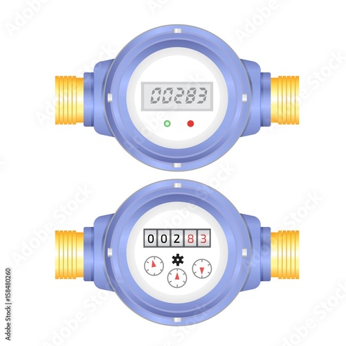Realistic Electronic and analog water meter vector illustration. Sanitary equipment