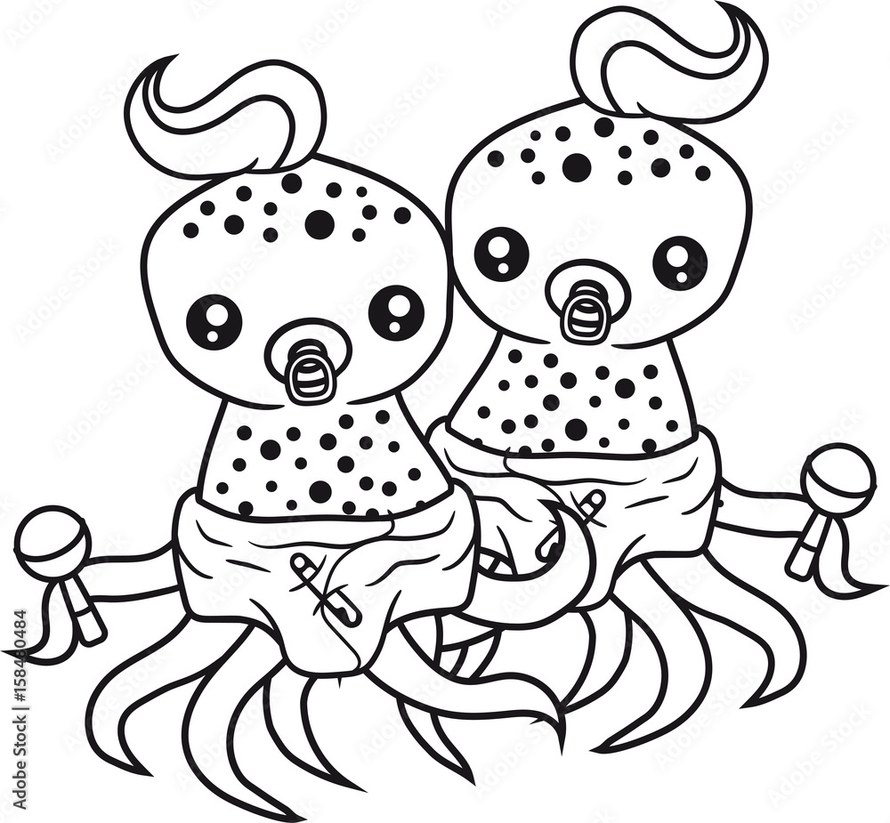 Obraz premium geschwister brüder schwestern 2 freunde team schnuller windel rassel tintenfisch tentakel klein süß niedlich oktopus krake geist unterwasser monster kind baby