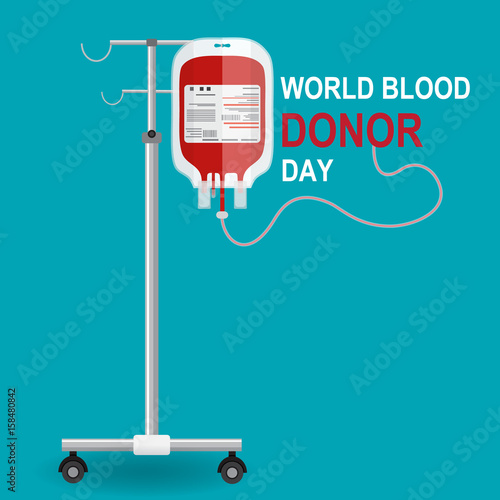 Blood bag and hand of donor. Blood donation day concept. Human donates blood. Vector illustration in flat style.