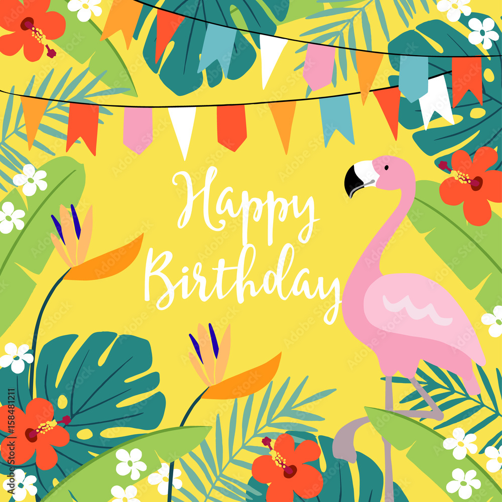 Naklejka premium Zadowolony urodziny kartkę z życzeniami, zaproszenie z ręcznie rysowane liście palm, kwiaty hibiskusa, ptak flaming i flagi partii. Projekt tropikalnej dżungli. Tło wektor ilustracja.