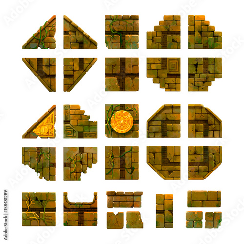 Cartoon ancient bricks, game art isolated on white