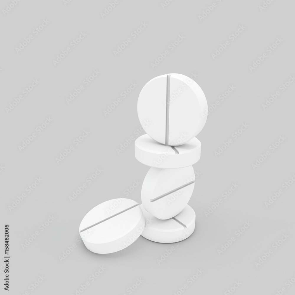 Stack of pills. Isolated on grey background. 3D rendering illustration. Stack of pills. Isolated on grey background. 3D rendering illustration.