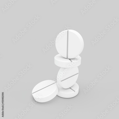 Stack of pills. Isolated on grey background. 3D rendering illustration.