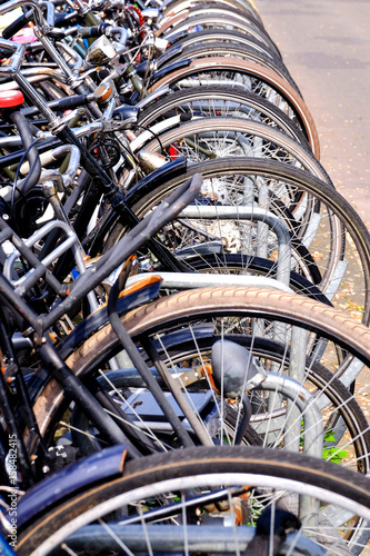 front wheels of bikes in bicycle rack in Amsterdam