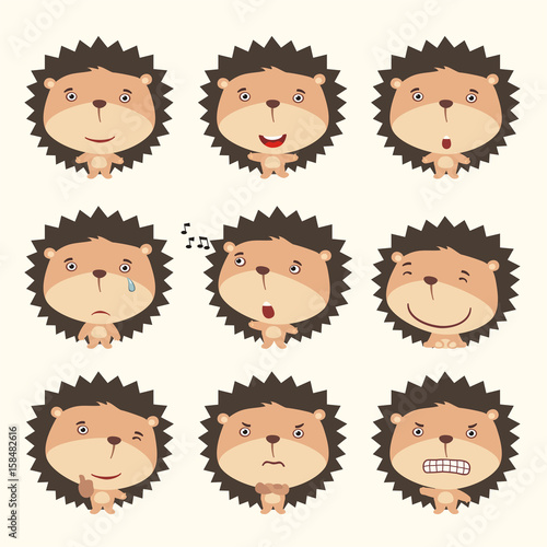 Set funny hedgehog in different poses. Collection isolated hedgehog in cartoon style for design children holiday and goods.