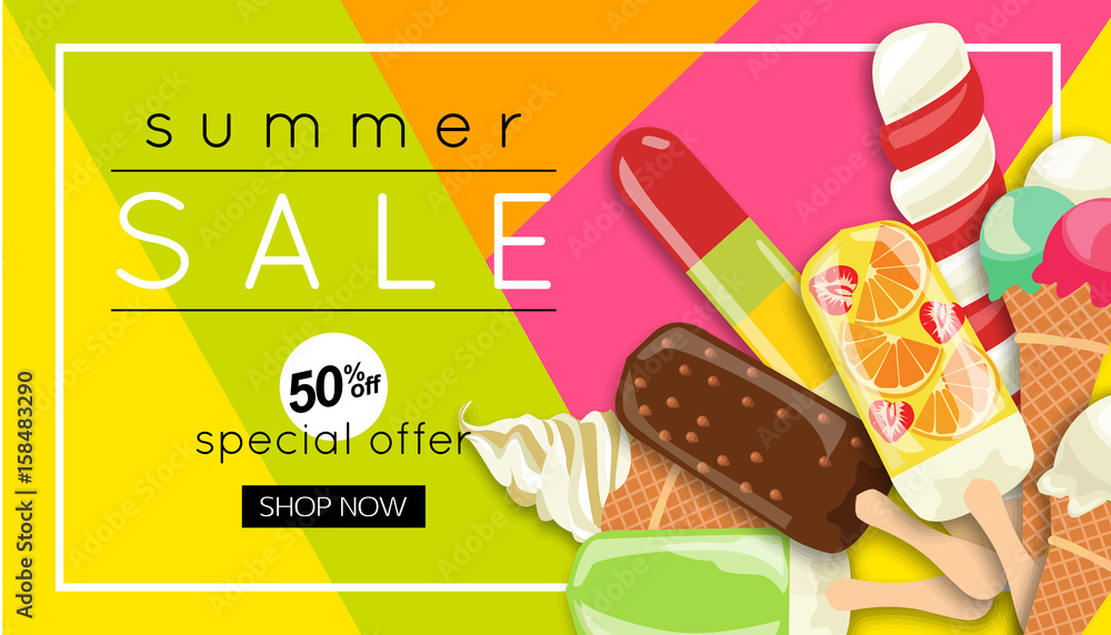 Trendy Summer Sale Banner Design With Ice Cream Vector Illustration Stock Vector Adobe Stock