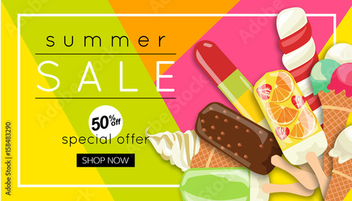 Trendy summer sale banner design with ice cream, vector illustration
