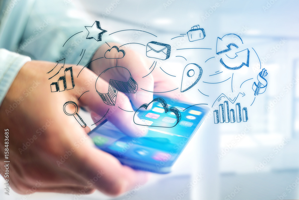 Hand drawn business icon going out a smartphone interface of a man at the office - technology concept Hand drawn business icon going out a smartphone interface of a man at the office - technology concept