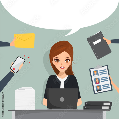 Business woman working at office desk. illustration vector of people in job.