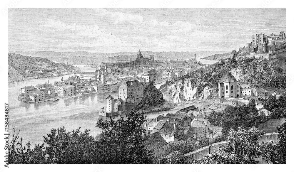 Panoramic view od Passau, Bavaria - engraving from XIX century