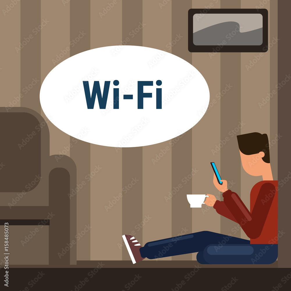 Man Sitting On Floor At Home Use Cell Smart Phone Internet Through Wifi Wireless Online Connection Vector Illustration