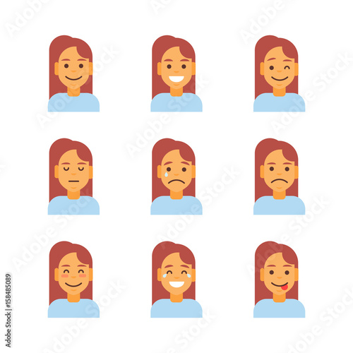 Profile Icon Female Different Emotion Set Avatar, Woman Cartoon Portrait Face Collection Vector Illustration