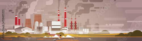 Nature Pollution Plant Pipe Dirty Waste Air And Water Polluted Environment Flat Vector Illustration