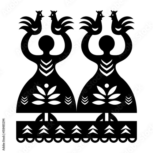 Folk art form Poland Wycinanki Kurpiowskie - Kurpie Papercuts pattern with women and birds
