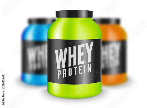 Whey protein bodybuilding nutrition isolated on white. Lifestyle power fitness training sport illustration. Supplement for gym