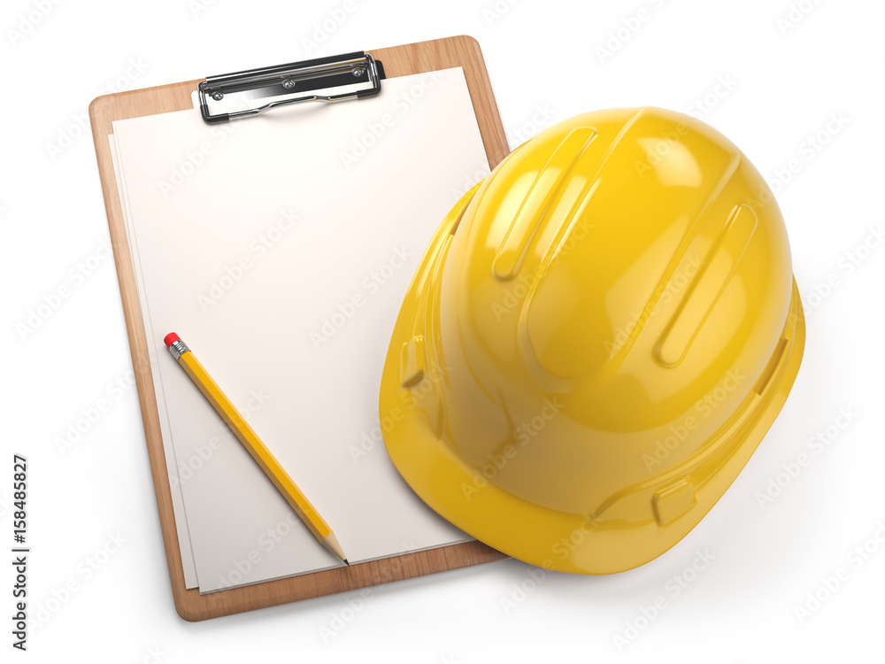 Fotografie Hard hat with clipboard isolated on white background