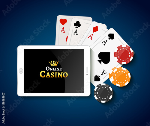 Online casino design poster banner. Tablet with poker chips and cards on table. Casino gambling background, poker mobile app