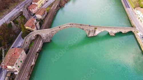 Aerial shot of famous Bridge of Mary Magdalene as known as Bridge of the Devil in Italy, 4K photo