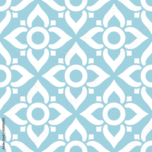 Thai seamless pattern with flowers - tiled design in white on blue background
