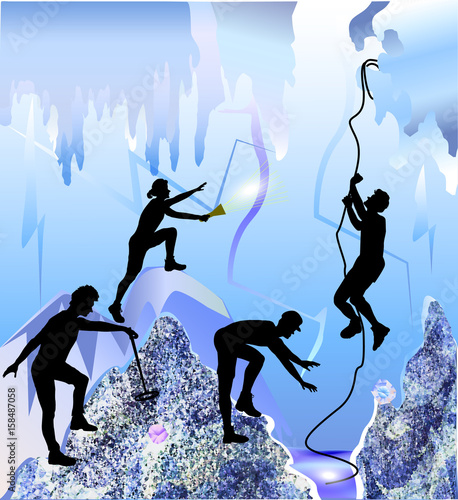 Ice cave with silhouettes of peoples, stalactites and ice rocks of crystals. Polygonal underground space with cave explorers. Four speleologists with rope, metal detector and torch