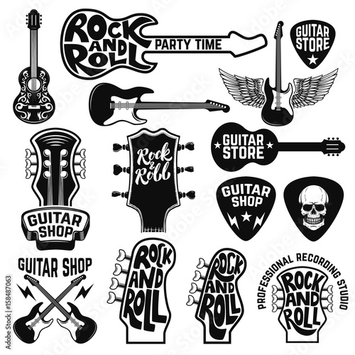 Guitar store labels and design elements. Design elements for logo, label, emblem, sign, poster. Vector illustration