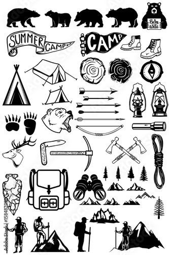 Hiking, summer camp emblems and design elements. Mountains, bears, tourists, lamps. Design elements for logo, label, emblem, sign. Vector illustration