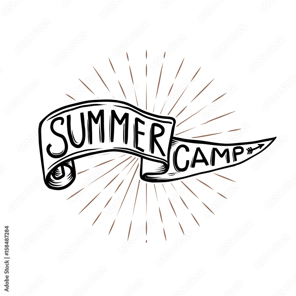 Summer camp emblem. Hand drawn flag with lettering on sunburst background.  Vector design element Stock Vector | Adobe Stock