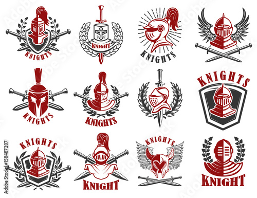 Set of knight emblems. Design elements for logo, label, emblem, sign, badge. Vector illustration