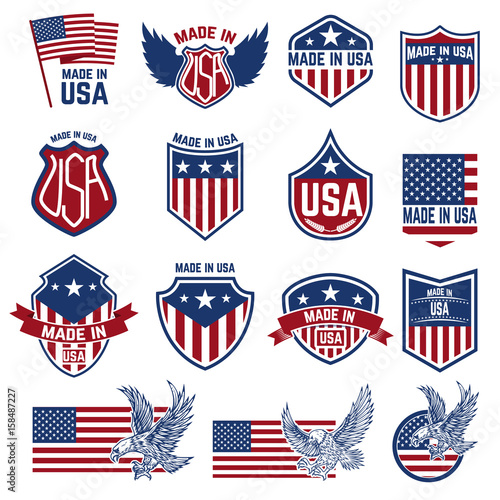 made in usa labels. Emblems with american symbols. Design elements for logo, badge, sign. Vector illustration