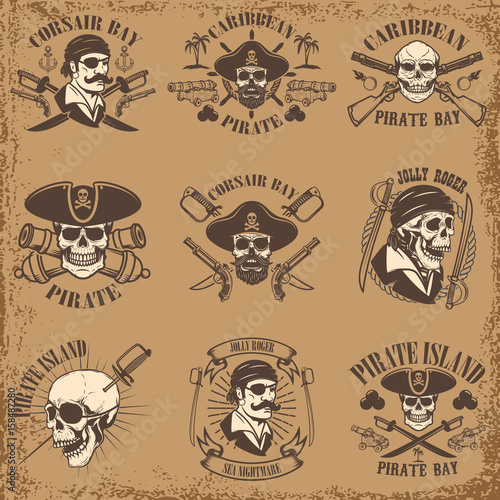 Set of pirate emblems on grunge background. Corsair skulls, weapon, swords,guns. Design elements for logo, label, emblem, sign, poster, t-shirt. Vector illustration