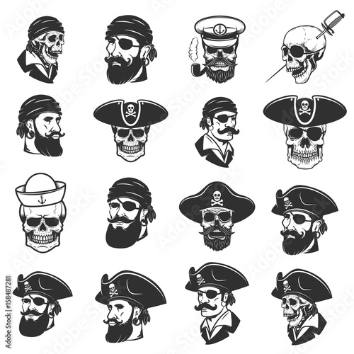Set of pirate heads and skulls. Design elements for label, emblem, sign, badge, poster, t-shirt. Vector illustration
