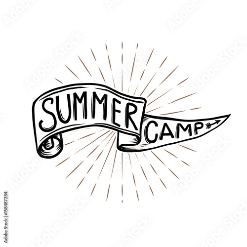 Summer camp emblem. Hand drawn flag with lettering on sunburst background. Vector design element