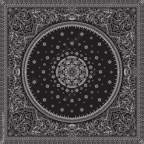 Victorian floral paisley medallion ornamental rug vector. Ethnic mandala towel frame. Vintage flower tile. Black and white. Textile, greeting business card, coloring book, phone case print