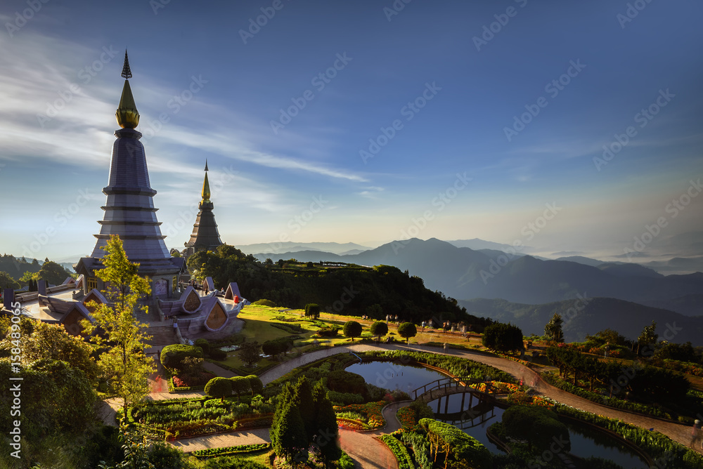 Doi Inthanon, the magnificent relics. Phra Maha Dhatu Nabhamethanidol and Nabhapolbhumisiri (The Great Holy Relics Pagoda Nabhamethanidol and Nabhapolbhumisiri) Chiang Mai, Thailand . close up .
