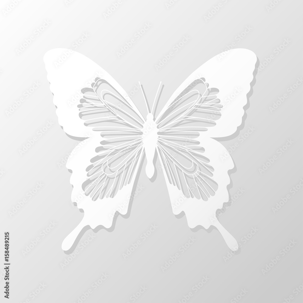 Lace butterfly cut out of paper on a white background. Abstract design.  Vector illustration. Stock Vector