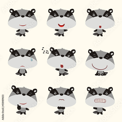Fototapeta Naklejka Na Ścianę i Meble -  Set funny badger in different poses. Collection isolated badger in cartoon style for design children holiday or goods.