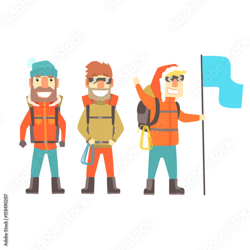 Three mountain climbers with mountain climbing equipment, colorful characters vector Illustration