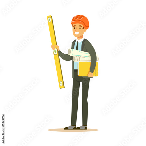 Smiling architect in orange safety helmet holding project blueprints rolls and ruler, colorful character vector Illustration