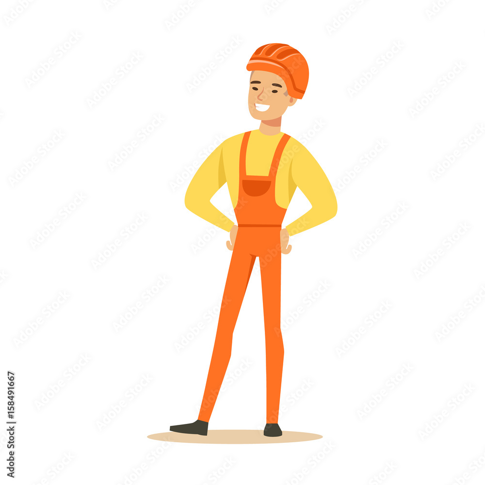 Smiling construction worker wearing orange helmet and work clothes standing, colorful character vector Illustration
