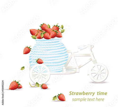 Vector mixed cherry and berry decoration bycicle. Design for tea, natural cosmetics, beauty store, dessert menu, organic health care products, perfume, aromatherapy. Place for text