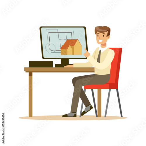 Young smiling architect working on his project using computer, colorful character vector Illustration