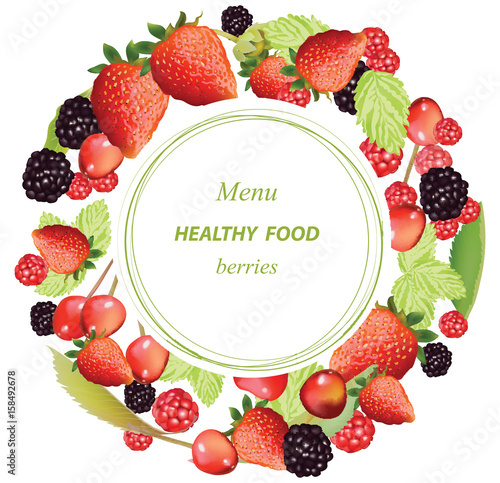Vector mixed cherry and berry wreath frame. Design for tea, natural cosmetics, beauty store, dessert menu, organic health care products, perfume, aromatherapy. Place for text