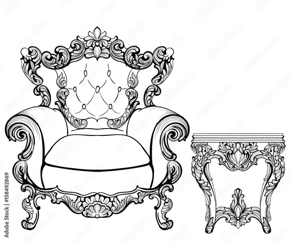 Imperial Baroque armchair and coffee table with luxurious ornaments. Vector French Luxury rich intricate structure. Victorian Royal Style decor Imperial Baroque armchair and coffee table with luxurious ornaments. Vector French Luxury rich intricate structure. Victorian Royal Style decor